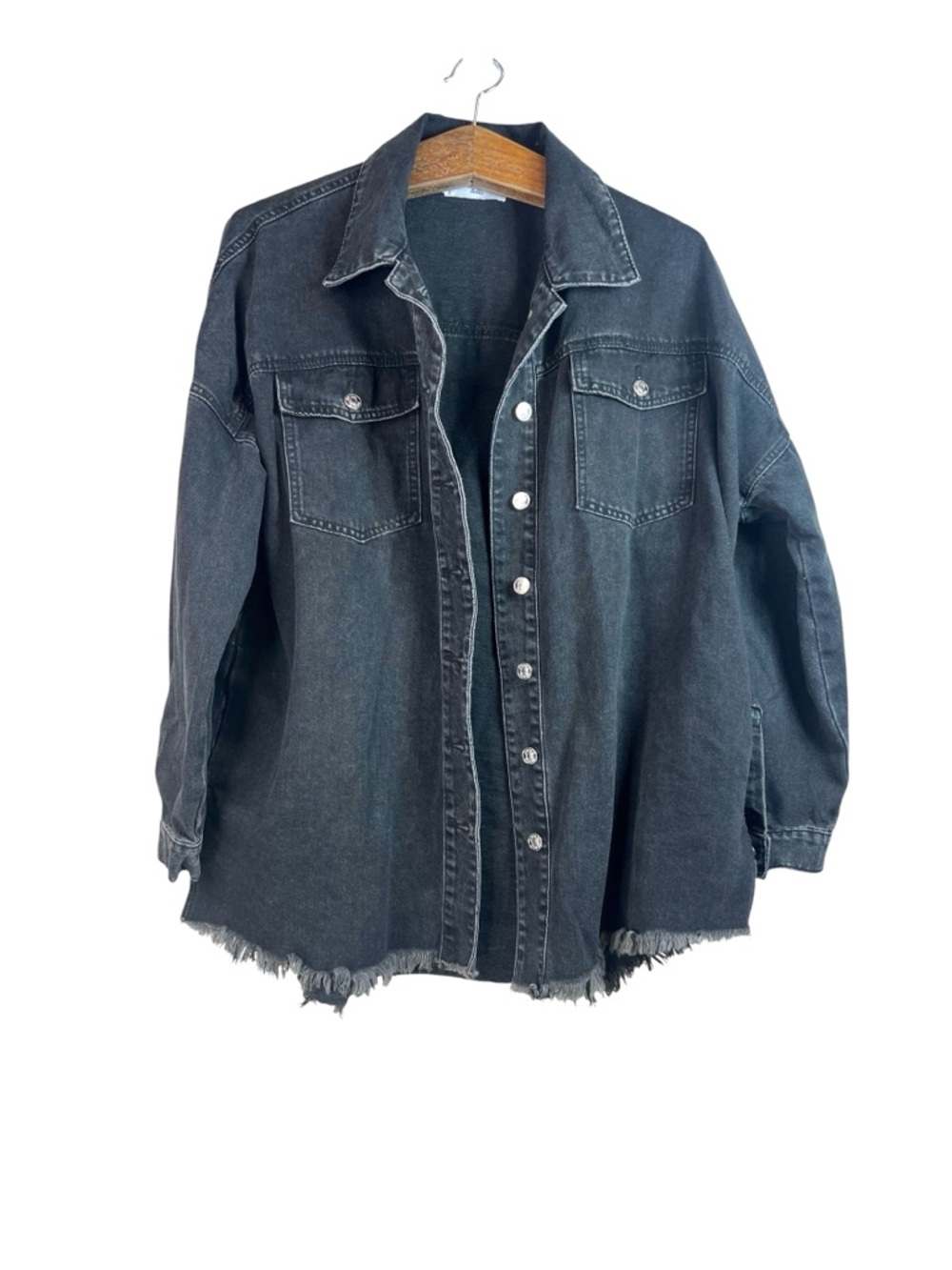 Adika Women’s Black Denim Fray Jean Jacket Size L Festival Boho Western Classic